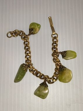 Vintage Nephrite Jade Charm Bracelet: Gold Tone Filigree, 7 Inch 1960s